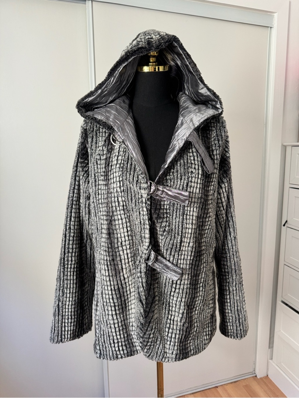 Reversible Silver Hooded Faux Fur Toggle Jacket